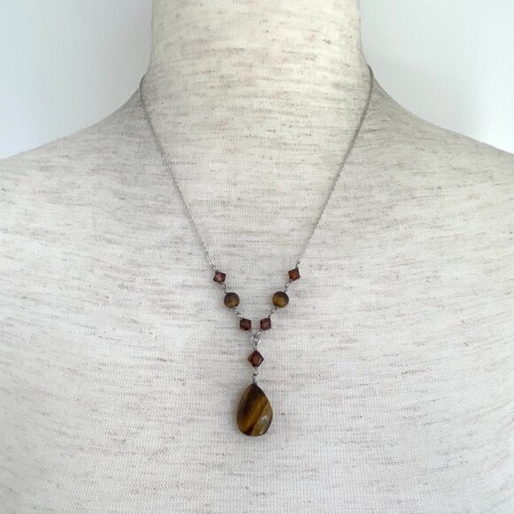 Sterling Silver 925 Beaded Tigers Eye Teardrop Pendant Necklace 18" Cable Chain - Picture 16 of 16